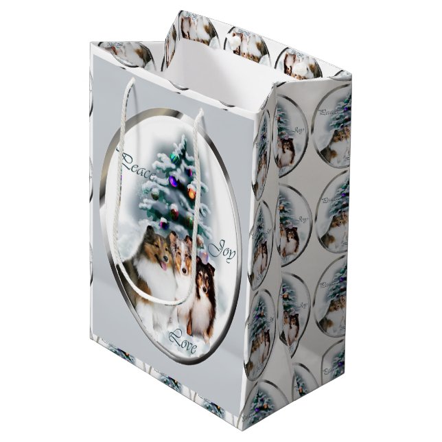 Sacola Para Presentes Média Shetland Sheepdog Sheltie Christmas (Frente inclinada)