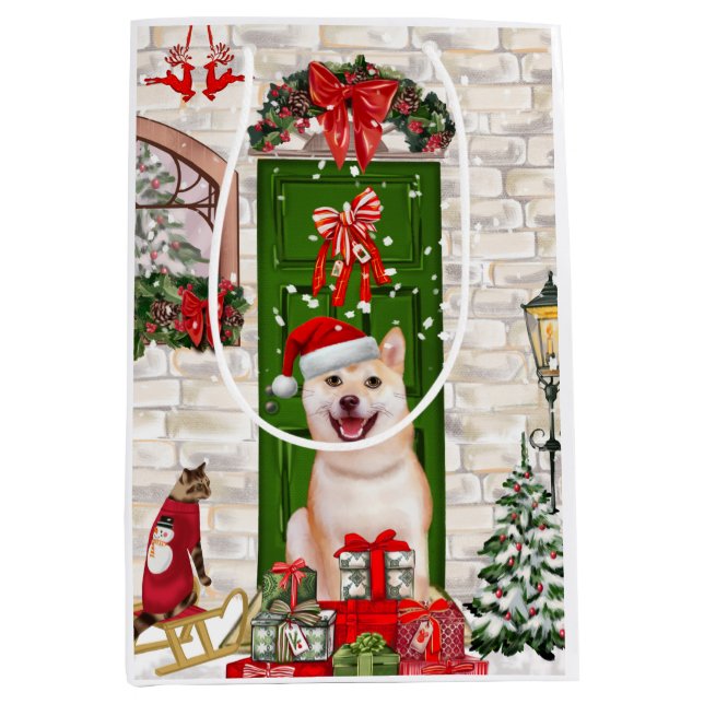 Sacola Para Presentes Média Shiba Inu Dog Natal (Frente)