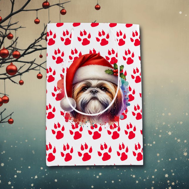 Sacola Para Presentes Média Shih Tzu Dog no Natal de Santa Hat (Criador carregado)