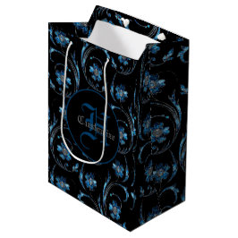 Sacola Para Presentes Média Shimmer Azul Monograma Floral 2