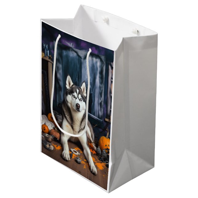 Sacola Para Presentes Média Siberian Husky Pumpkins Halloween Scary (Frente inclinada)