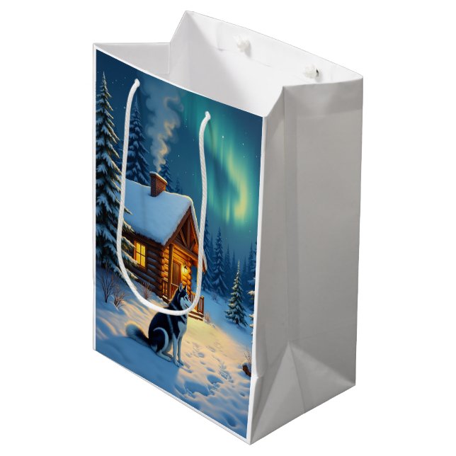 Sacola Para Presentes Média Siberian Husky Snowy Cabin Christmas Painting (Frente inclinada)