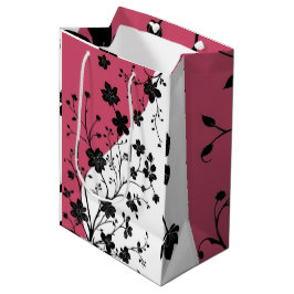 Sacola Para Presentes Média Silhueta Floral Preta Elegante a Rosa e Branco