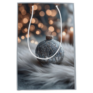 Sacola Para Presentes Média Silver Glitter Christmas Ornament on White Fur