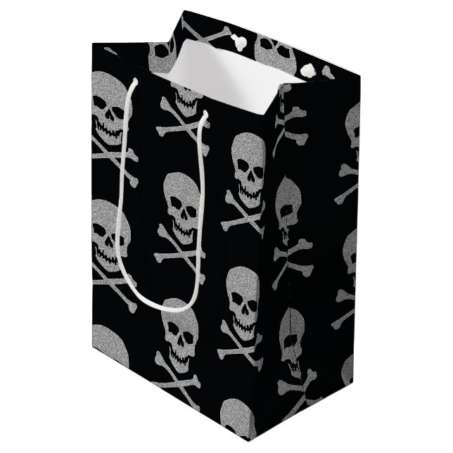 Sacola Para Presentes Média Silver Skull e Crossbones Halloween (Frente inclinada)