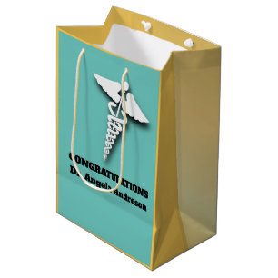 Sacola Para Presentes Média Símbolo de Caduceus Parabéns para Adultos do Teal