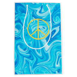 Sacola Para Presentes Média Sinal de Paz Groovy Pintura Amarelo Azul Colorido 