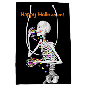 Sacola Para Presentes Média Skeleton comendo balas de Halloween