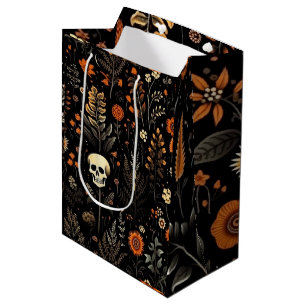 Sacola Para Presentes Média Skulls Flowers e Greenery Black Halloween