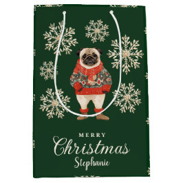 Sacola Para Presentes Média Snowflakes Pug Dog Green Christmas Gift Bag