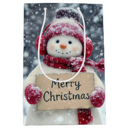 Sacola Para Presentes Média Snowman a segurar um Sinal de Natal Feliz