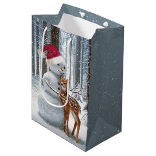 Sacola Para Presentes Média Snowman de Natal a abraçar uma festa