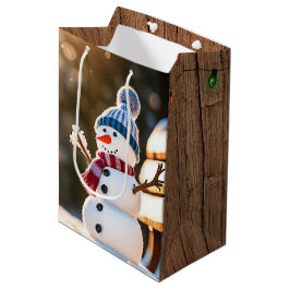 Sacola Para Presentes Média Snowman de Natal num Bench Park