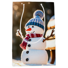 Sacola Para Presentes Média Snowman de Natal num Bench Park