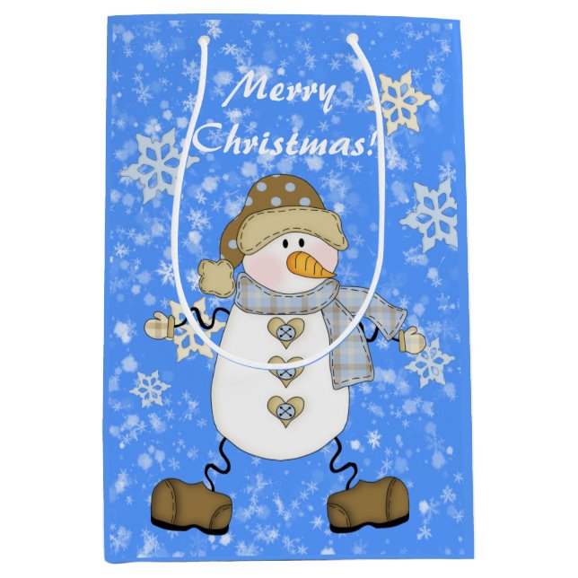 Sacola Para Presentes Média Snowman Snowflake - Natal Personalizado (Frente)