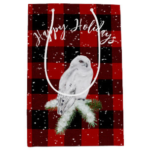 Sacola Para Presentes Média Snowy Owl Na Xadrez De Buffalo