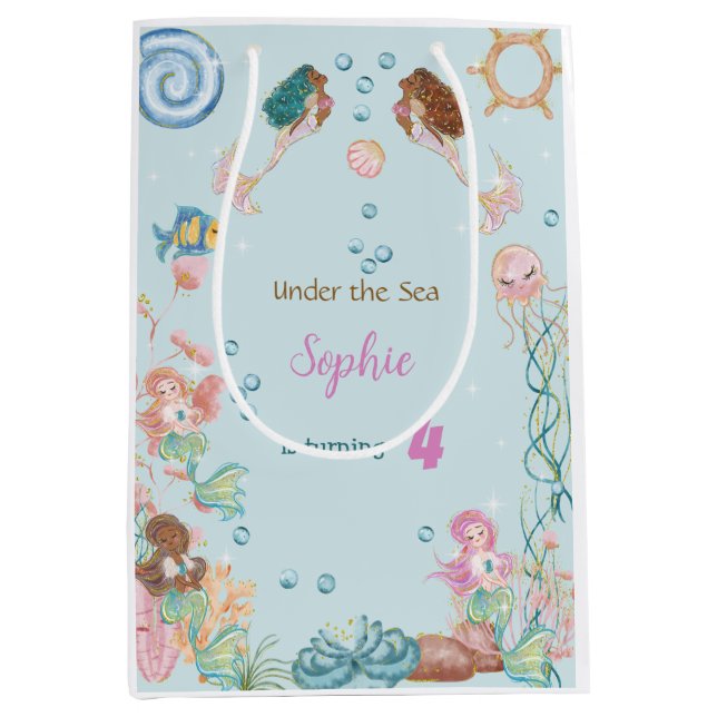 Sacola Para Presentes Média Sob o mar aniversário de criança de Sereias (Frente)