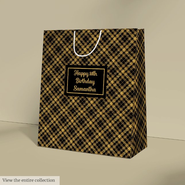 Sacola Para Presentes Média Sofisticada Bolsa de Presente com Brilho Dourado P (Sophisticated Black Gold Name Gift Bag)