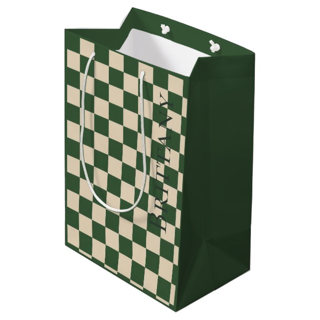 Sacola Para Presentes Média Sofisticado Xadrez Verde e Creme Personalizável  (Verso inclinado)