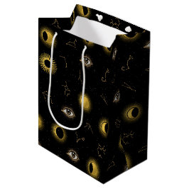 Sacola Para Presentes Média Sol Celestial Dourado Negro e Lua
