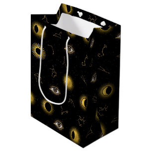 Sacola Para Presentes Média Sol Celestial Dourado Negro e Lua