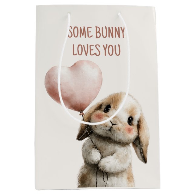 Sacola Para Presentes Média Some Bunny Loves You with Heart Balloon (Frente)