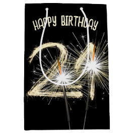 Sacola Para Presentes Média Sparklers Dourados para aniversário de 21 anos