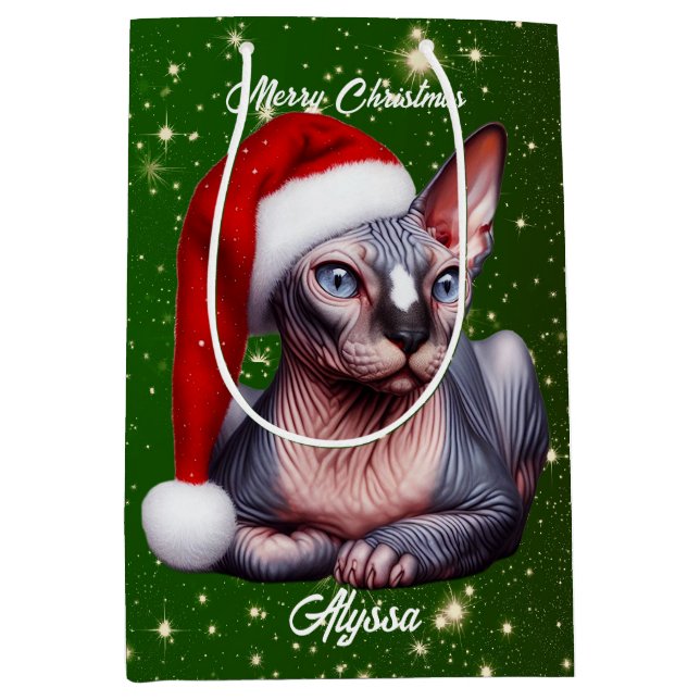 Sacola Para Presentes Média Sphynx Cat Bonito Natal Verde (Frente)
