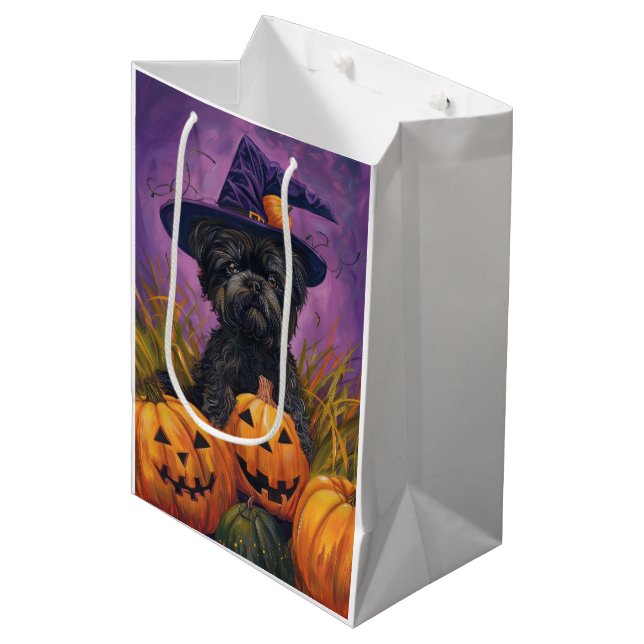 Sacola Para Presentes Média Spooky Affenpinscher Halloween Witch e Pumpkin (Frente inclinada)