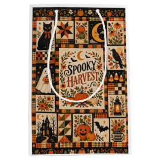 Sacola Para Presentes Média Spooky Harvest Vintage Halloween Patchwork