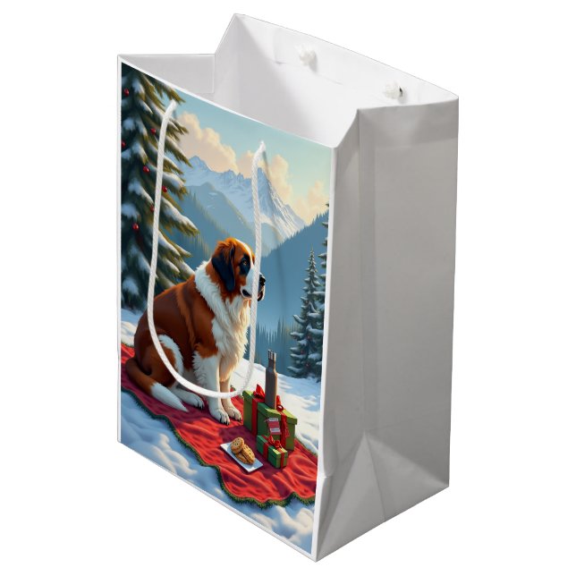 Sacola Para Presentes Média St. Bernard Winter Picnic Christmas Painting (Frente inclinada)