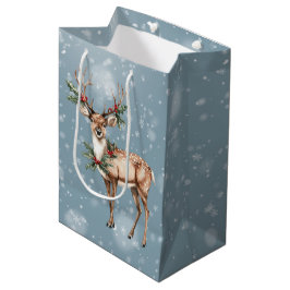 Sacola Para Presentes Média Standing Deer With Christmas Holly and Berries