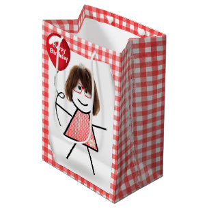 Sacola Para Presentes Média Stick Birthday Gingham Girl com Red Balloon 