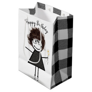 Sacola Para Presentes Média Stick Figure Girl with Daisies