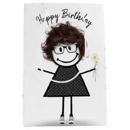 Sacola Para Presentes Média Stick Figure Girl with Daisies