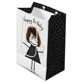 Sacola Para Presentes Média Stick Figure Girl with Daisies
