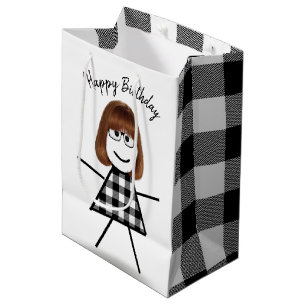 Sacola Para Presentes Média Stick Girl com padrão de Xadrez de cabelo e búfa