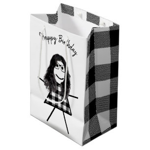 Sacola Para Presentes Média Stick Girl com padrão de Xadrez de cabelo e búfa