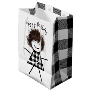Sacola Para Presentes Média Stick Girl com padrão de Xadrez de cabelo e búfalo