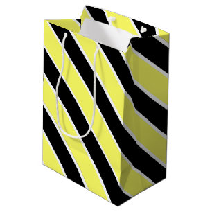 Sacola Para Presentes Média Stripes Pretas, Amarelas e Brancas