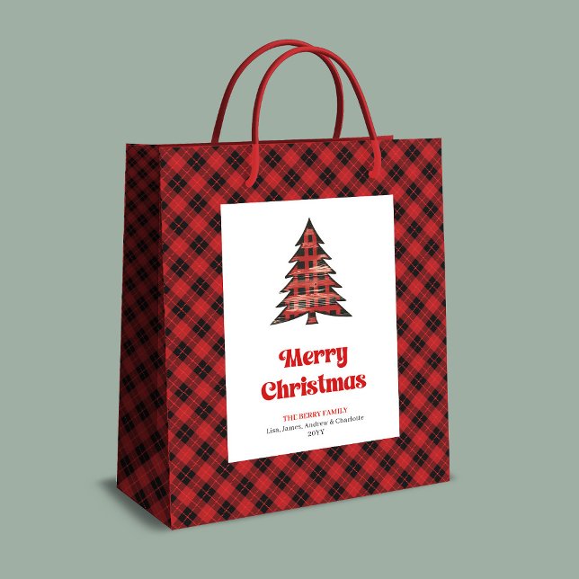 Sacola Para Presentes Média Stylish red black plaid Christmas bag custom name (Stylish red black plaid Christmas bag custom name)
