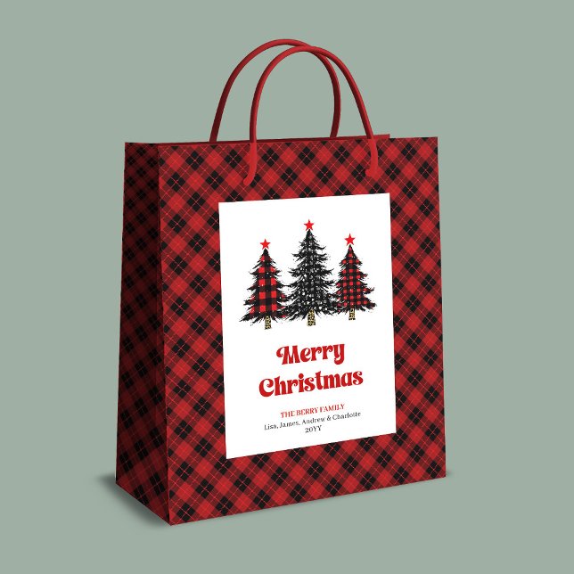 Sacola Para Presentes Média Stylish red black tartan Christmas gift bag name (Stylish red black tartan Christmas gift bag name)