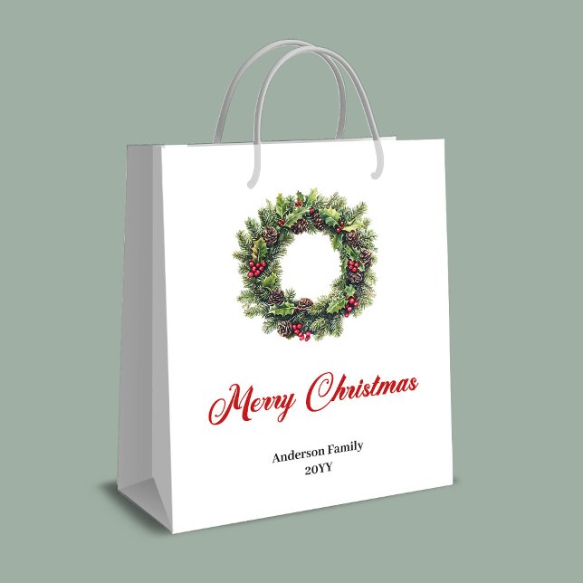 Sacola Para Presentes Média Stylish red black tartan Christmas gift bag name (Elegant Christmas wreath gift bag custom name)