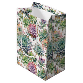 Sacola Para Presentes Média Suculentas Vibrantes em Aquarela Rosa e Verde-Ment