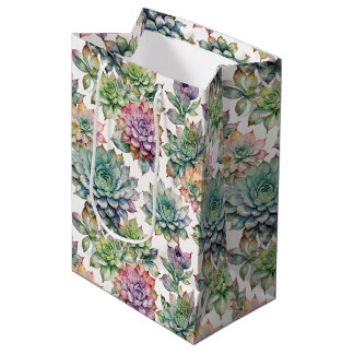 Sacola Para Presentes Média Suculentas Vibrantes em Aquarela Rosa e Verde-Ment