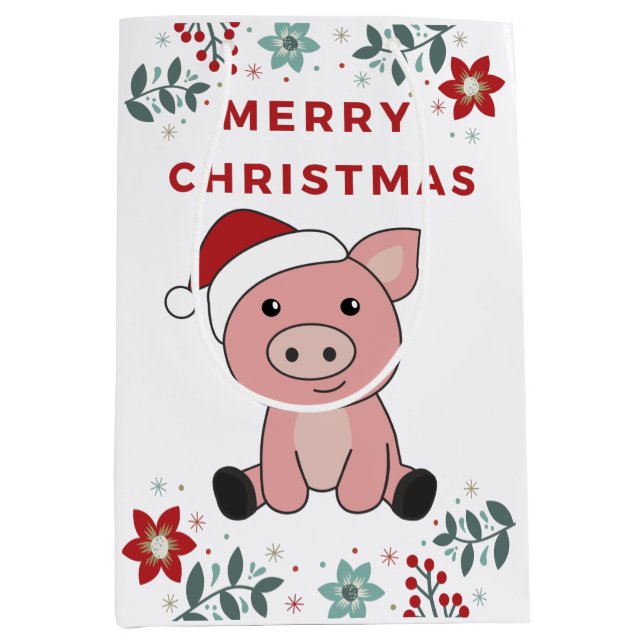 Sacola Para Presentes Média Suínos de Feliz Natal (Frente)