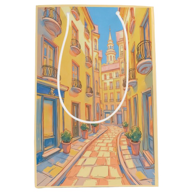 Sacola Para Presentes Média Sunny European Street Viagem Art Gift Bag (Frente)