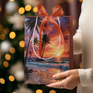 Sacola Para Presentes Média Sunset de praia tropical personalizado   Arte Cost