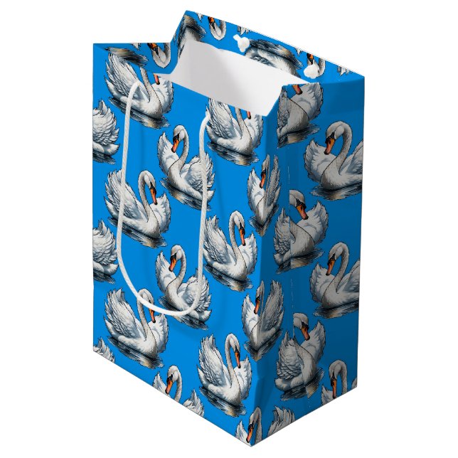 Sacola Para Presentes Média Swan Birds Pattern Design On Blue  (Frente inclinada)