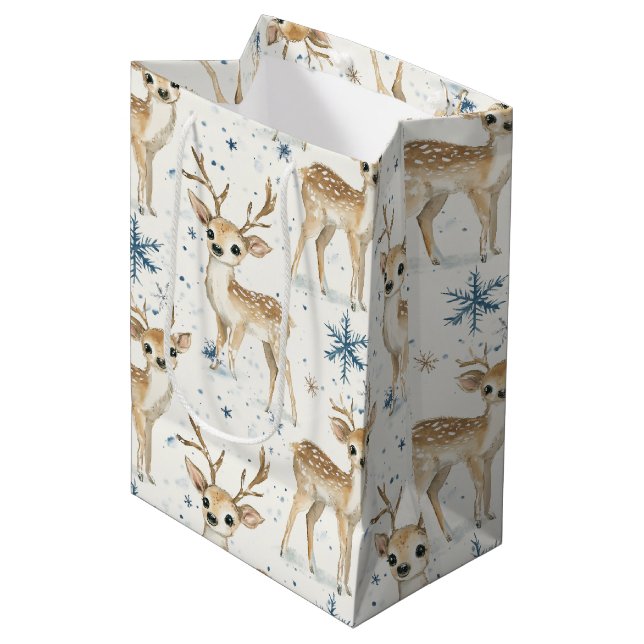 Sacola Para Presentes Média Sweet Deer Blue Christmas Snowflakes (Frente inclinada)